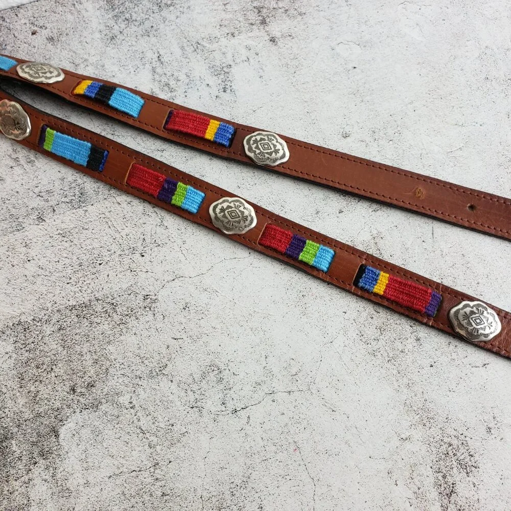 Vintage FOSSIL Leather Belt Bohemian Western Concho Embellished Embroidered sz L